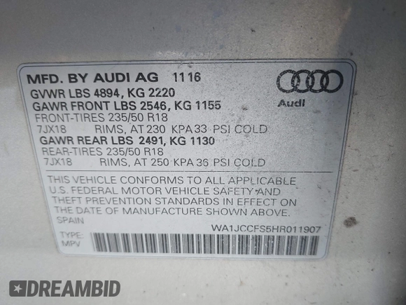 2017 Audi Q3 Premium Plus z VIN WA1JCCFS5HR011907, wystawiony jako IAAI lot #41675496 z przebiegiem 102 591 mil mil oraz . Historia ofert i sprzedaży dostępna na DreamBid. Obrazek 9.