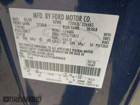 2007 Ford F-150 XLT with VIN 1FTPW14VX7FB45692, listed as a IAAI auction lot 42130978 with 218,336 mi miles and . Bid and sale history available at DreamBid. Image 9.