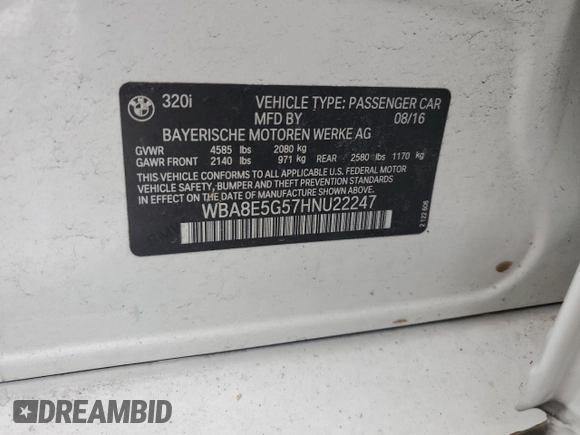 2017 BMW 3 Series 320i xDrive with VIN WBA8E5G57HNU22247, listed as a Copart auction lot 49698215 with Not provided miles and Salvage title. Bid and sale history available at DreamBid. Image 12.