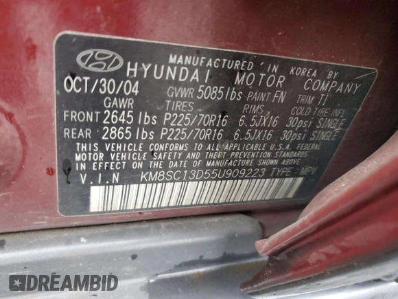 2005 Hyundai Santa Fe GLS with VIN KM8SC13D55U909223, listed as a Copart auction lot 81390854 with 160,806 mi miles and Salvage Title. Bid and sale history available at carsss.com. Image 14.