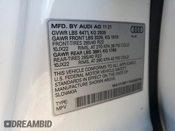 2022 Audi Q8 Prestige with VIN WA1FVBF17ND009750, listed as a Copart auction lot 41358603 with 19,802 mi miles. Bid and sale history available at carsss.com. Image 15.