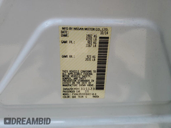 2015 Nissan LEAF SV with VIN 1N4AZ0CP0FC315123, listed as a Copart auction lot 61281063 with 47,962 mi miles. Bid and sale history available at carsss.com. Image 12.