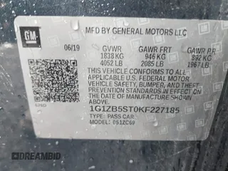 2019 Chevrolet Malibu LS with VIN 1G1ZB5ST0KF227185, listed as a IAAI auction lot 41699962 with 62,714 mi miles and . Bid and sale history available at DreamBid. Image 9.