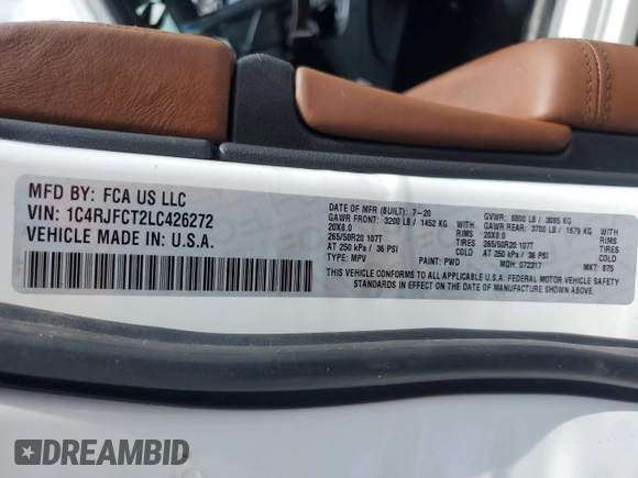 2020 Jeep Grand Cherokee High Altitude with VIN 1C4RJFCT2LC426272, listed as a Copart auction lot 56703975 with 81,864 mi miles and Salvage title. Bid and sale history available at DreamBid. Image 13.