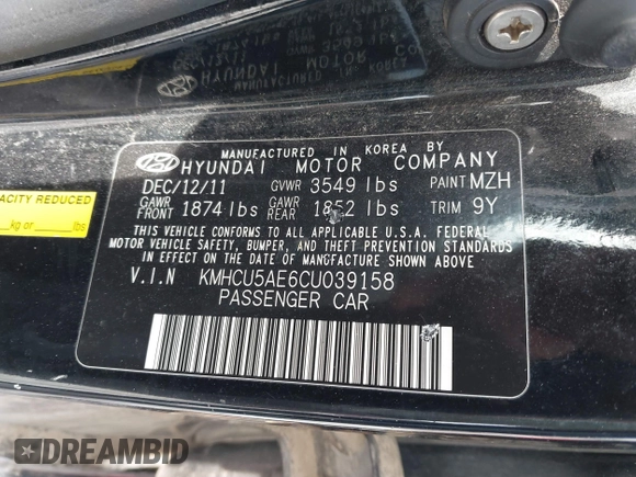 2012 Hyundai Accent SE with VIN KMHCU5AE6CU039158, listed as a IAAI auction lot 41721743 with 178,208 mi miles. Bid and sale history available at carsss.com. Image 9.