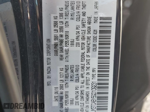 2016 Mazda CX-9 Sport with VIN JM3TCABY5G0109231, listed as a Copart auction lot 43328425 with 88,966 mi miles and Salvage Title. Bid and sale history available at carsss.com. Image 13.