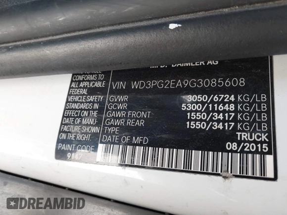 2016 Mercedes-Benz Metris Cargo with VIN WD3PG2EA9G3085608, listed as a IAAI auction lot 40218115 with 134,553 mi miles and . Bid and sale history available at DreamBid. Image 9.