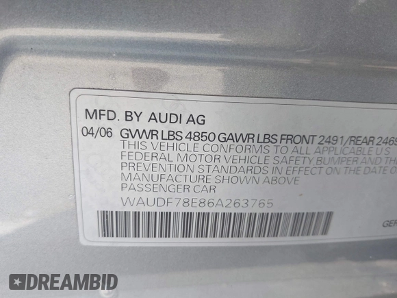 2006 Audi A4 2.0T with VIN WAUDF78E86A263765, listed as a IAAI auction lot 42122063 with 114,125 mi miles. Bid and sale history available at carsss.com. Image 9.