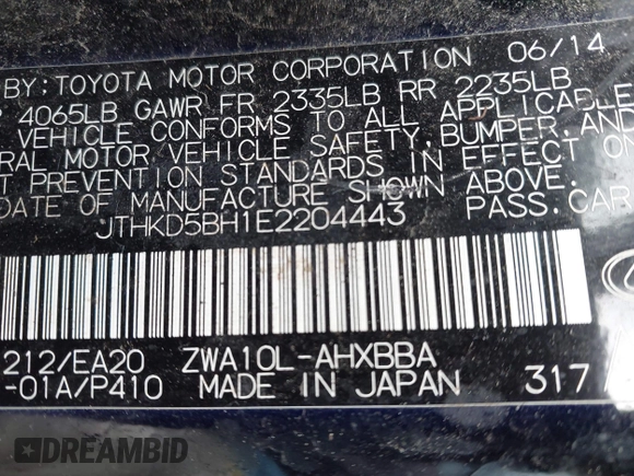 2014 Lexus CT 200h with VIN JTHKD5BH1E2204443, listed as a IAAI auction lot 42263161 with 131,358 mi miles and . Bid and sale history available at DreamBid. Image 9.