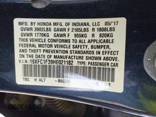 2017 Honda Civic Sedan EX-T with VIN 19XFC1F39HE021182, listed as a IAAI auction lot 41987404 with 88,733 mi miles. Bid and sale history available at carsss.com. Image 9.