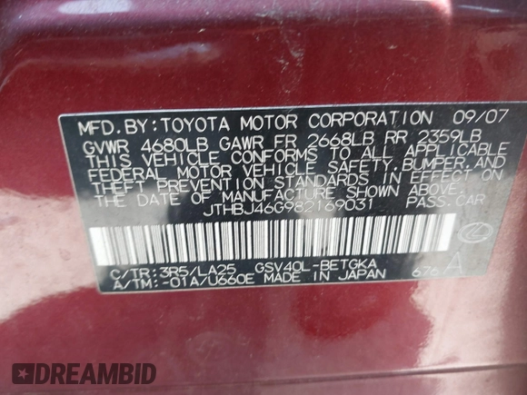 2008 Lexus ES 330 with VIN JTHBJ46G982169031, listed as a IAAI auction lot 42141900 with 120,690 mi miles and . Bid and sale history available at DreamBid. Image 8.