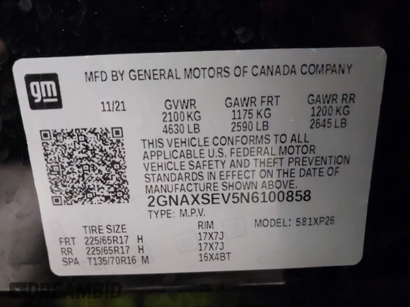 2022 Chevrolet Equinox LS с VIN 2GNAXSEV5N6100858, выставлен на аукционе IAAI как лот 41107033 с пробегом 43 179 миль миль и . История ставок и продаж доступна на DreamBid. Изображение 9.