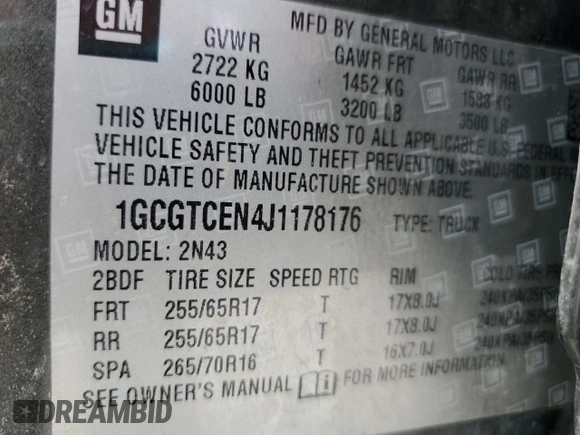 2018 Chevrolet Colorado 4WD LT with VIN 1GCGTCEN4J1178176, listed as a Copart auction lot 53066465 with 93,543 mi miles and Salvage title. Bid and sale history available at DreamBid. Image 12.