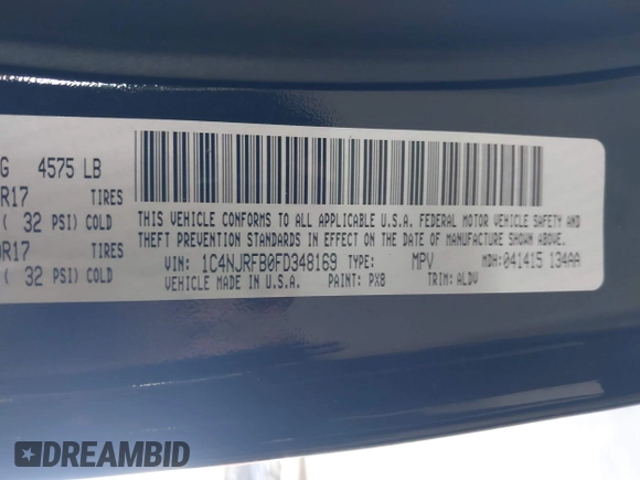 2015 Jeep Patriot High Altitude with VIN 1C4NJRFB0FD348169, listed as a IAAI auction lot 42793817 with 75,124 mi miles and . Bid and sale history available at DreamBid. Image 9.
