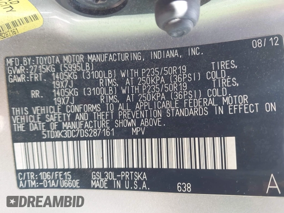 2013 Toyota Sienna SE с VIN 5TDXK3DC7DS287161, выставлен на аукционе IAAI как лот 42249232 с пробегом 168 307 миль миль и . История ставок и продаж доступна на DreamBid. Изображение 9.