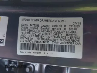 2019 Honda Accord Sedan Sport 1.5T with VIN 1HGCV1F35KA144230, listed as a IAAI auction lot 41398440 with 56,659 mi miles. Bid and sale history available at carsss.com. Image 9.