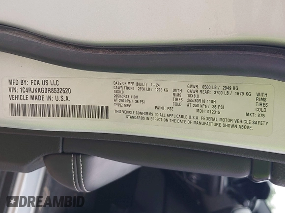 2024 Jeep Grand Cherokee Altitude with VIN 1C4RJKAG0R8532620, listed as a IAAI auction lot 42722926 with 37,556 mi miles and . Bid and sale history available at DreamBid. Image 9.