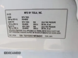 2022 Tesla Model Y Long Range with VIN 7SAYGDEE1NF364241, listed as a IAAI auction lot 42190272 with 54,878 mi miles and . Bid and sale history available at DreamBid. Image 9.