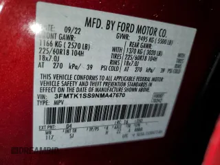2022 Ford Mustang Mach-E Select z VIN 3FMTK1SS9NMA47670, wystawiony jako Copart lot #57045525 z przebiegiem 23 061 mil mil oraz Szkoda całkowita • Salvage title. Historia ofert i sprzedaży dostępna na DreamBid. Obrazek 12.