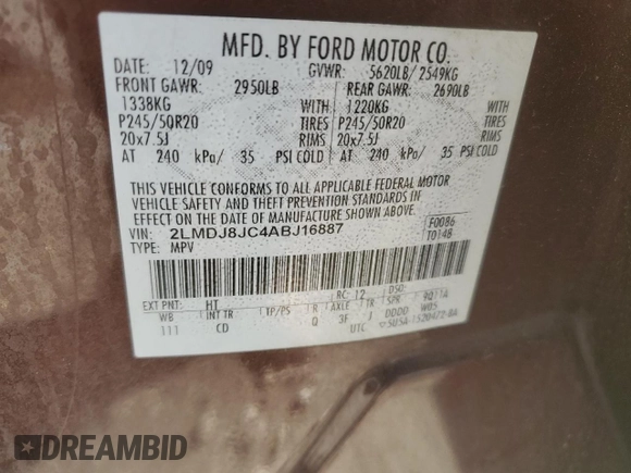 2010 Lincoln MKX with VIN 2LMDJ8JC4ABJ16887, listed as a Copart auction lot 46526765 with 166,533 mi miles and Salvage Title. Bid and sale history available at DreamBid. Image 14.