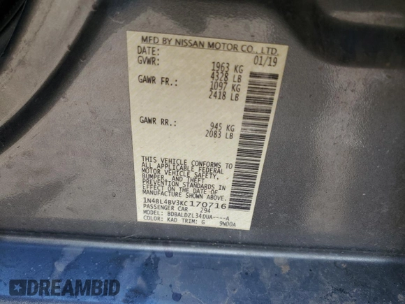 2019 Nissan Altima 2.5 S with VIN 1N4BL4BV3KC170716, listed as a Copart auction lot 51995835 with 114,526 mi miles and Salvage Title. Bid and sale history available at carsss.com. Image 15.