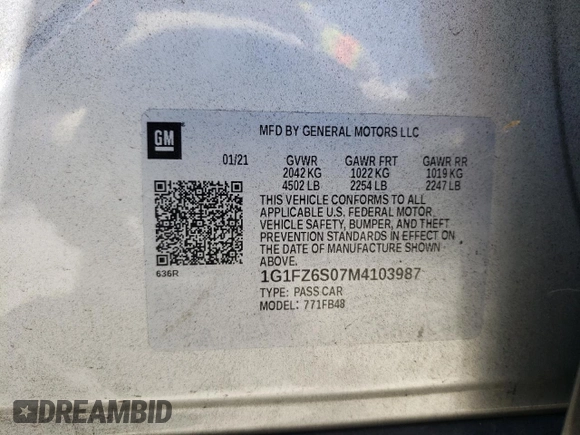 2021 Chevrolet Bolt EV Premier with VIN 1G1FZ6S07M4103987, listed as a Copart auction lot 61461585 with 7,218 mi miles and Salvage title. Bid and sale history available at DreamBid. Image 12.