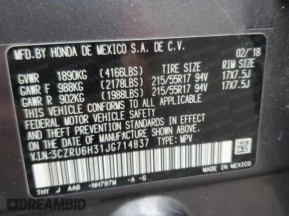 2018 Honda HR-V LX with VIN 3CZRU6H31JG714837, listed as a Copart auction lot 53018655 with 151,045 mi miles and Salvage Title. Bid and sale history available at carsss.com. Image 13.