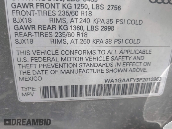 2023 Audi Q5 S line Premium with VIN WA1GAAFY5P2012863, listed as a IAAI auction lot 42416439 with 64,707 mi miles and . Bid and sale history available at DreamBid. Image 9.