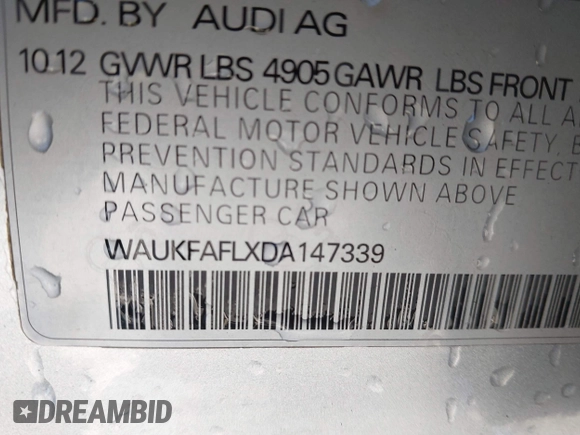 2013 Audi A4 Prestige with VIN WAUKFAFLXDA147339, listed as a IAAI auction lot 41219818 with 132,443 mi miles. Bid and sale history available at carsss.com. Image 9.