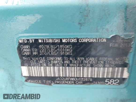 2013 Mitsubishi Lancer GT with VIN JA32U8FW6DU022878, listed as a IAAI auction lot 42449708 with 121,869 mi miles and . Bid and sale history available at DreamBid. Image 9.