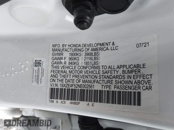 2022 Honda Insight EX with VIN 19XZE4F52NE002561, listed as a IAAI auction lot 41423254 with 67,506 mi miles and . Bid and sale history available at DreamBid. Image 9.
