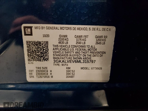 2021 GMC Terrain SLT with VIN 3GKALVEV6ML315797, listed as a Copart auction lot 49456275 with 74,142 mi miles and Salvage Title. Bid and sale history available at DreamBid. Image 14.