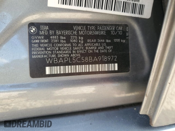 2011 BMW 3 Series 335i xDrive with VIN WBAPL5C58BA918972, listed as a Copart auction lot 54019695 with 137,444 mi miles and Salvage title. Bid and sale history available at DreamBid. Image 13.