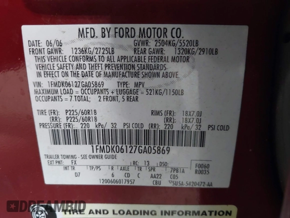 2007 Ford Freestyle Limited with VIN 1FMDK06127GA05869, listed as a IAAI auction lot 42606723 with 260,059 mi miles and . Bid and sale history available at DreamBid. Image 9.