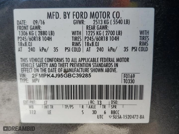 2016 Ford Edge SEL with VIN 2FMPK4J95GBC39285, listed as a Copart auction lot 42409435 with 46,224 mi miles and Non Repairable. Bid and sale history available at carsss.com. Image 15.