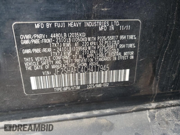 2012 Subaru Forester X Limited with VIN JF2SHAFC4CH417945, listed as a Copart auction lot 58810215 with 220,276 mi miles and Salvage title. Bid and sale history available at DreamBid. Image 12.