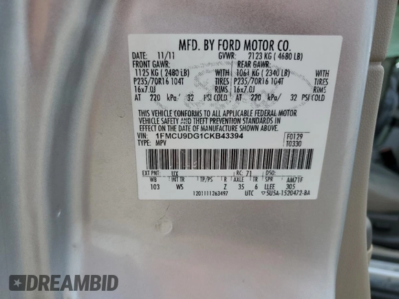 2012 Ford Escape XLT с VIN 1FMCU9DG1CKB43394, выставлен на аукционе Copart как лот 50713325 с пробегом 161 198 миль миль и Списание • Salvage title. История ставок и продаж доступна на DreamBid. Изображение 15.