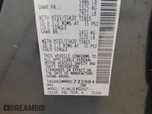 2014 Nissan Pathfinder Platinum with VIN 5N1AR2MM9EC735984, listed as a Copart auction lot 69788534 with 126,810 mi miles and Salvage Title. Bid and sale history available at carsss.com. Image 12.
