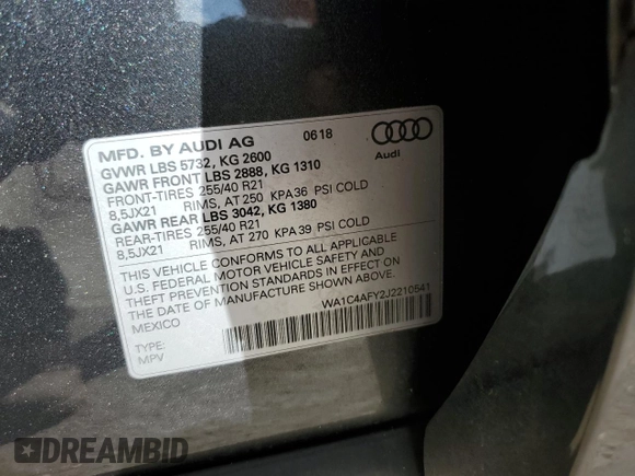 2018 Audi SQ5 Prestige with VIN WA1C4AFY2J2210541, listed as a Copart auction lot 78900774 with Not Provided miles and Non Repairable. Bid and sale history available at DreamBid. Image 14.