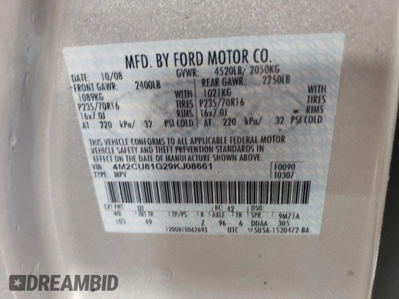 2009 Mercury Mariner с VIN 4M2CU81G29KJ08661, выставлен на аукционе Copart как лот 48239195 с пробегом 144 427 миль миль и Списание • Salvage title. История ставок и продаж доступна на DreamBid. Изображение 12.