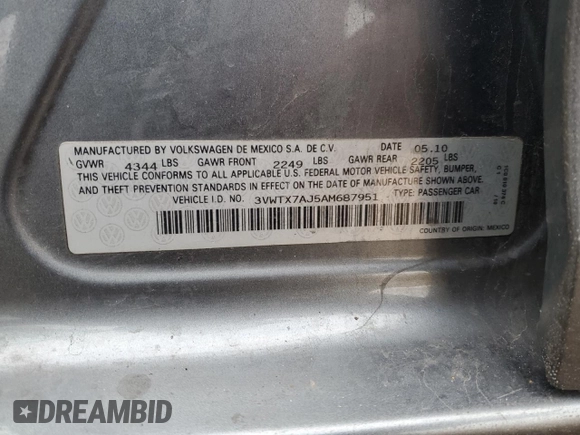 2010 Volkswagen Jetta SE z VIN 3VWTX7AJ5AM687951, wystawiony jako Copart lot #86370514 z przebiegiem Nie podano mil oraz Szkoda całkowita • Salvage title. Historia ofert i sprzedaży dostępna na DreamBid. Obrazek 14.