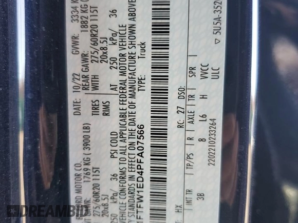 2023 Ford F-150 XL with VIN 1FTFW1ED4PFA07566, listed as a Copart auction lot 51037545 with 23,591 mi miles and Salvage Title. Bid and sale history available at carsss.com. Image 12.