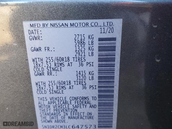 2020 Nissan Pathfinder SL with VIN 5N1DR2CM3LC647573, listed as a Copart auction lot 46622045 with 61,740 mi miles and Salvage Title. Bid and sale history available at carsss.com. Image 16.