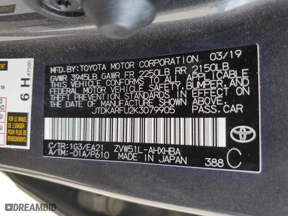2019 Toyota Prius L Eco with VIN JTDKARFU2K3079905, listed as a Copart auction lot 52527705 with 29,849 mi miles and Salvage Title. Bid and sale history available at carsss.com. Image 13.