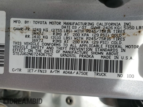 2007 Toyota Tacoma PreRunner with VIN 5TEJU62N67Z406752, listed as a Copart auction lot 51765895 with Not Provided miles and Salvage Title. Bid and sale history available at DreamBid. Image 13.