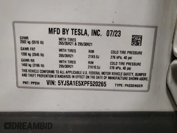 2023 Tesla Model S с VIN 5YJSA1E5XPF520265, выставлен на аукционе Copart как лот 54833255 с пробегом 16 502 миль миль и Списание • Salvage title. История ставок и продаж доступна на DreamBid. Изображение 13.