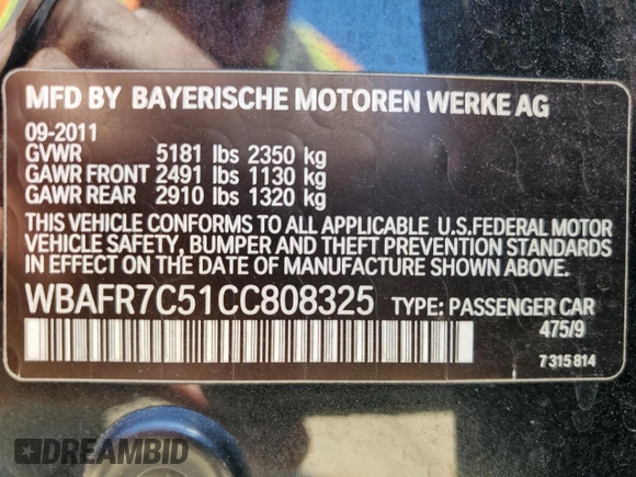 2012 BMW 5 Series 535i z VIN WBAFR7C51CC808325, wystawiony jako Copart lot #57552695 z przebiegiem 167 528 mil mil oraz Szkoda całkowita • Salvage title. Historia ofert i sprzedaży dostępna na DreamBid. Obrazek 12.