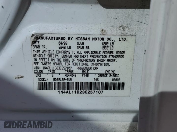 2003 Nissan Altima S with VIN 1N4AL11D23C257107, listed as a Copart auction lot 45314955 with 202,959 mi miles and Non Repairable. Bid and sale history available at carsss.com. Image 12.
