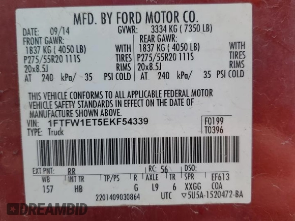 2014 Ford F-150 XL с VIN 1FTFW1ET5EKF54339, выставлен на аукционе Copart как лот 52892705 с пробегом 184 304 миль миль и Чистый • Clean title. История ставок и продаж доступна на DreamBid. Изображение 12.