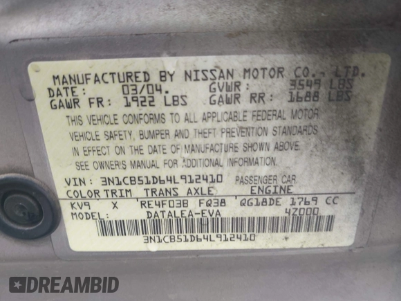 2004 Nissan Sentra S z VIN 3N1CB51D64L912410, wystawiony jako IAAI lot #41925283 z przebiegiem 100 351 mil mil oraz . Historia ofert i sprzedaży dostępna na DreamBid. Obrazek 9.